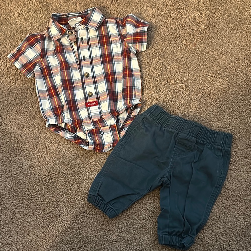 Wrangler Plaid Onesie and Dark Pants Set